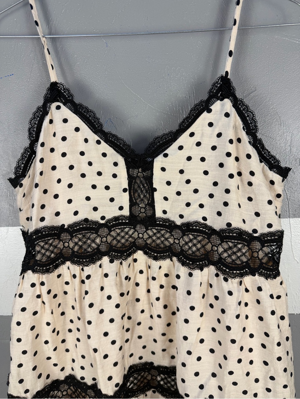 Express Cream Polka Dot Dress with Black Lace - Picture 3 of 8